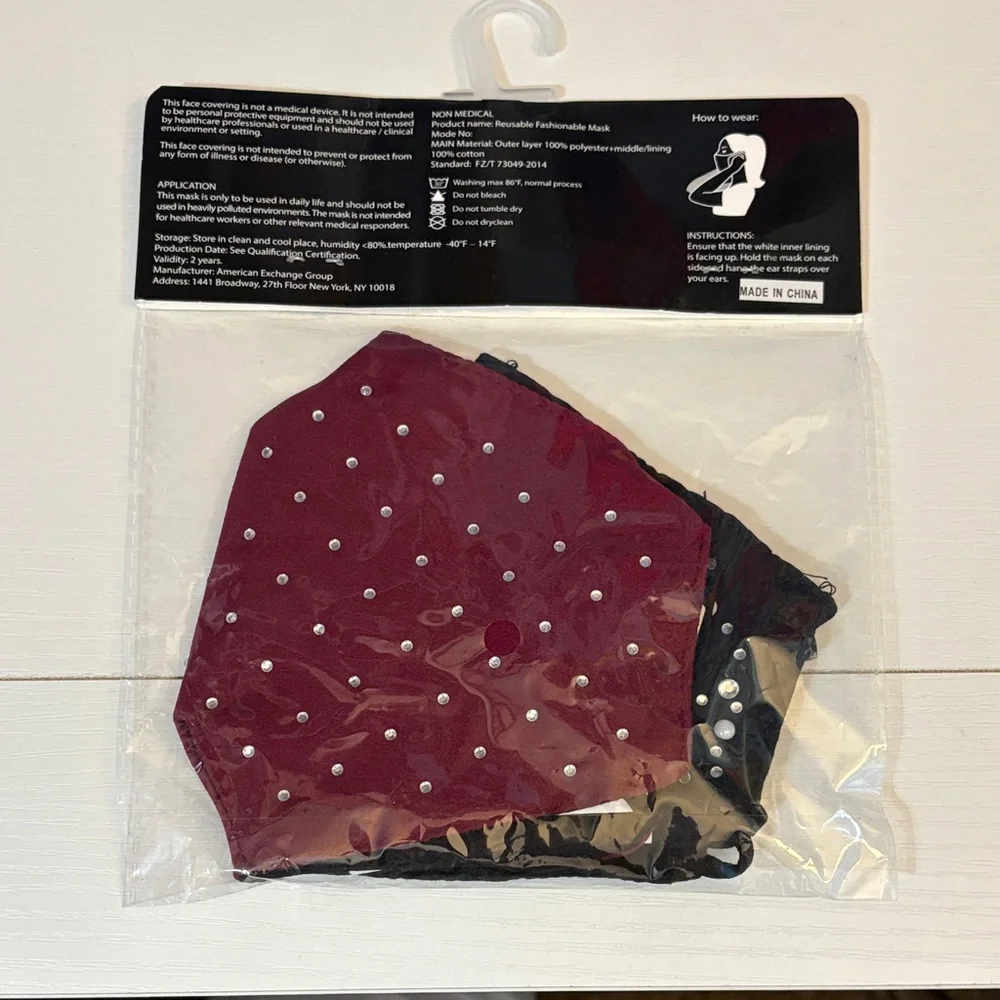 American Exchange Black & Burgundy Face Masks with Pearl Studs - 2 Pack